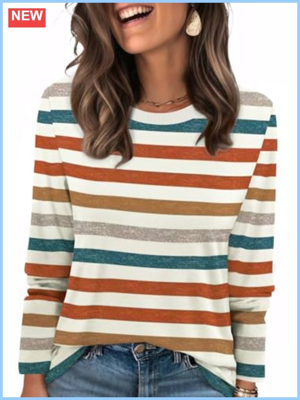 Womens Ribbed Crewneck Long Sleeve T-Shirt Striped Color Block Casual Top